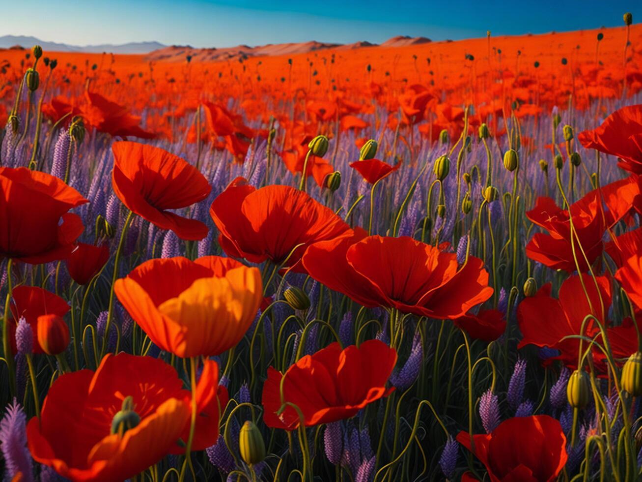 een veld- van rood klaprozen met een blauw lucht in de achtergrond foto