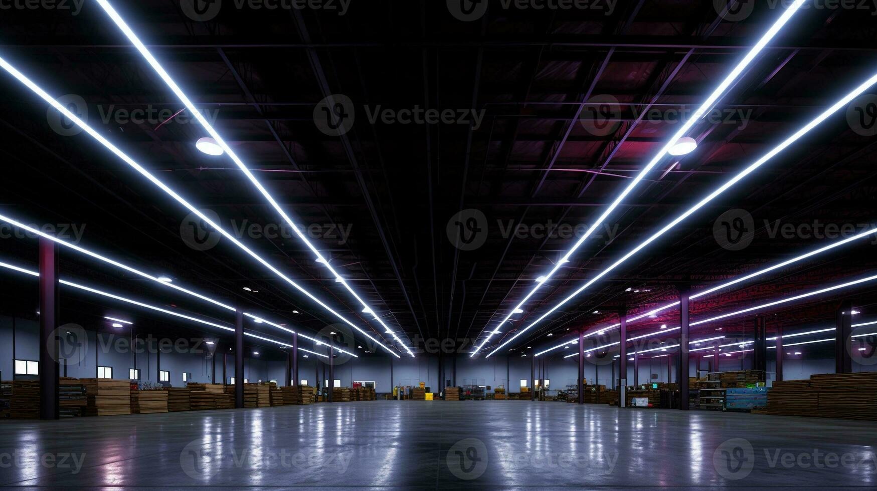 generatief ai, magazijn interieur met LED verlichting, industrie gebouw, distributie kleinhandel centrum, een deel van opslagruimte en Verzending systeem. foto