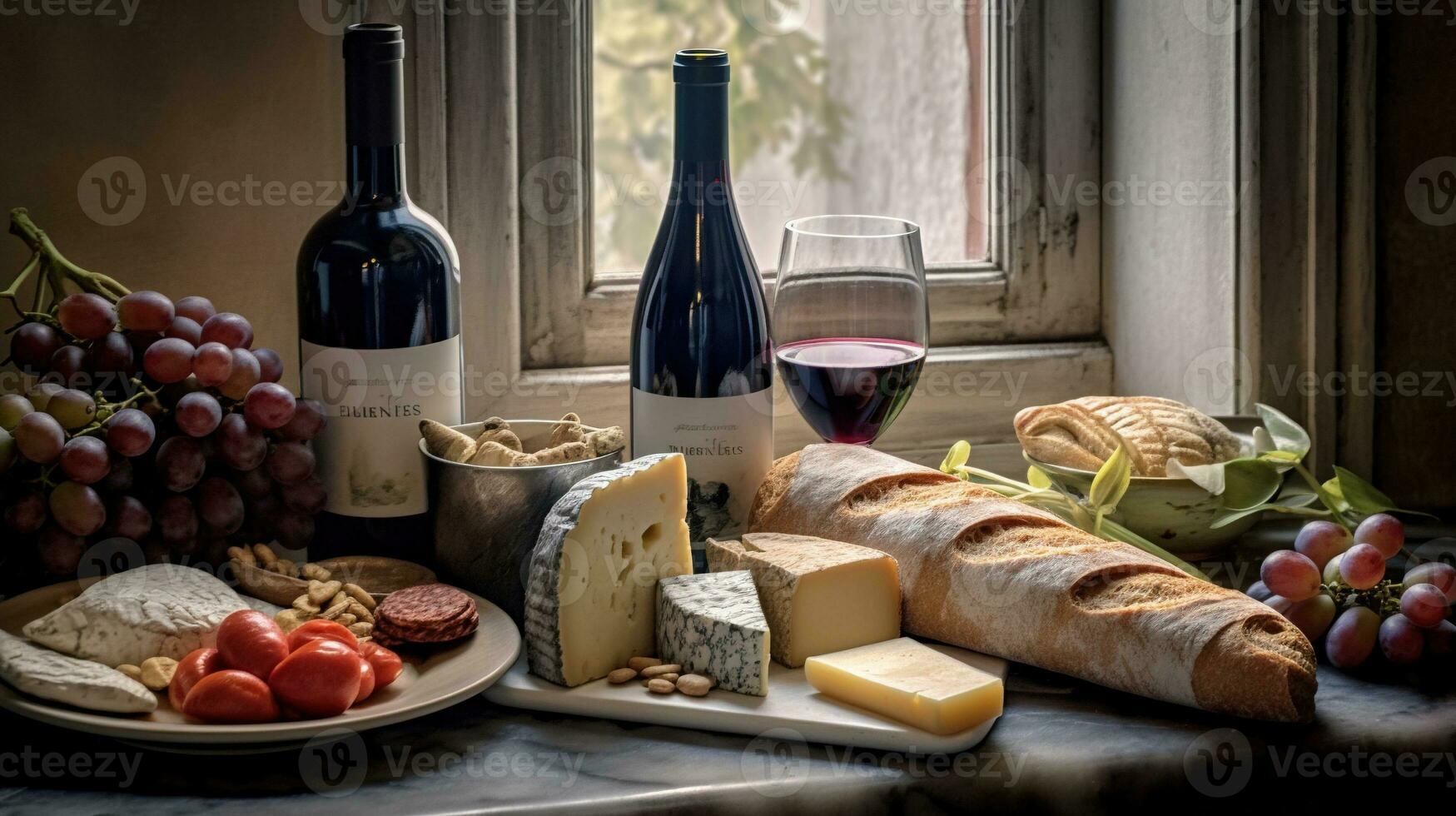 generatief ai, wijn nog steeds leven met druiven, rozemarijn, prosciutto, blauw kaas, vijgen, brood. foto