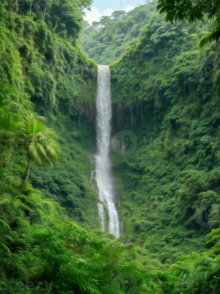 een waterval omringd door weelderig groen vegetatie ai gegenereerd foto