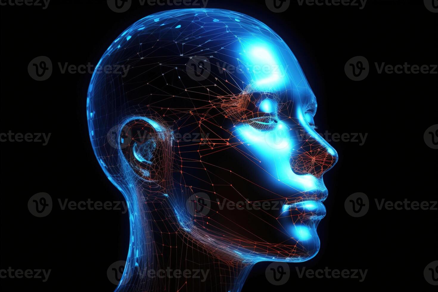 kunstmatig intelligentie- concept. ai robot menselijk hoofd verbonden lijnen. elektronisch brein, elektronisch verstand, cybernetisch kunstmatig neurale netwerk. 3d weergave. ai gegenereerd foto