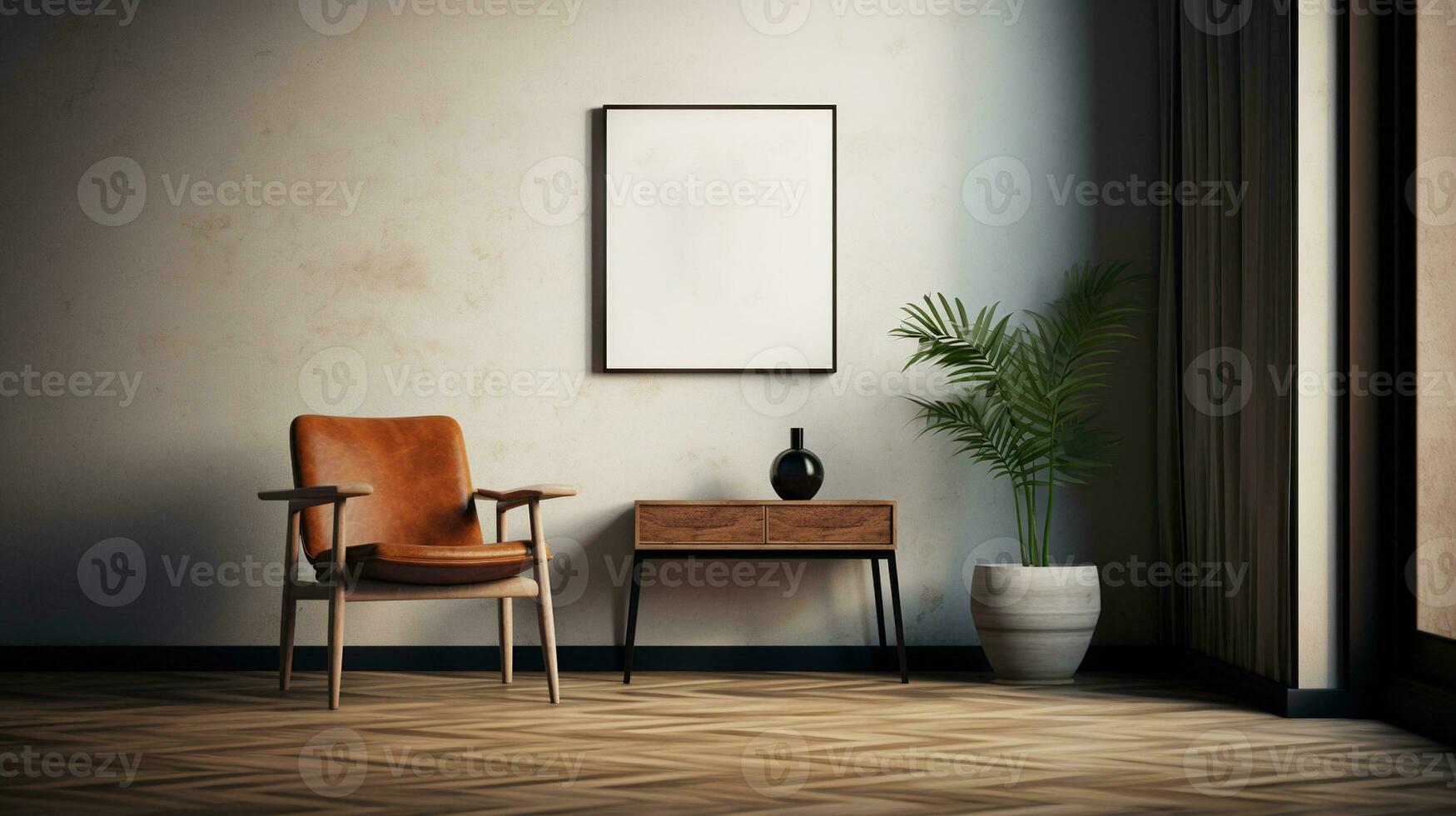 generatief ai, poster kader mockup in beige en bruin leven kamer interieur, wabi sabi minimalisme stijl foto