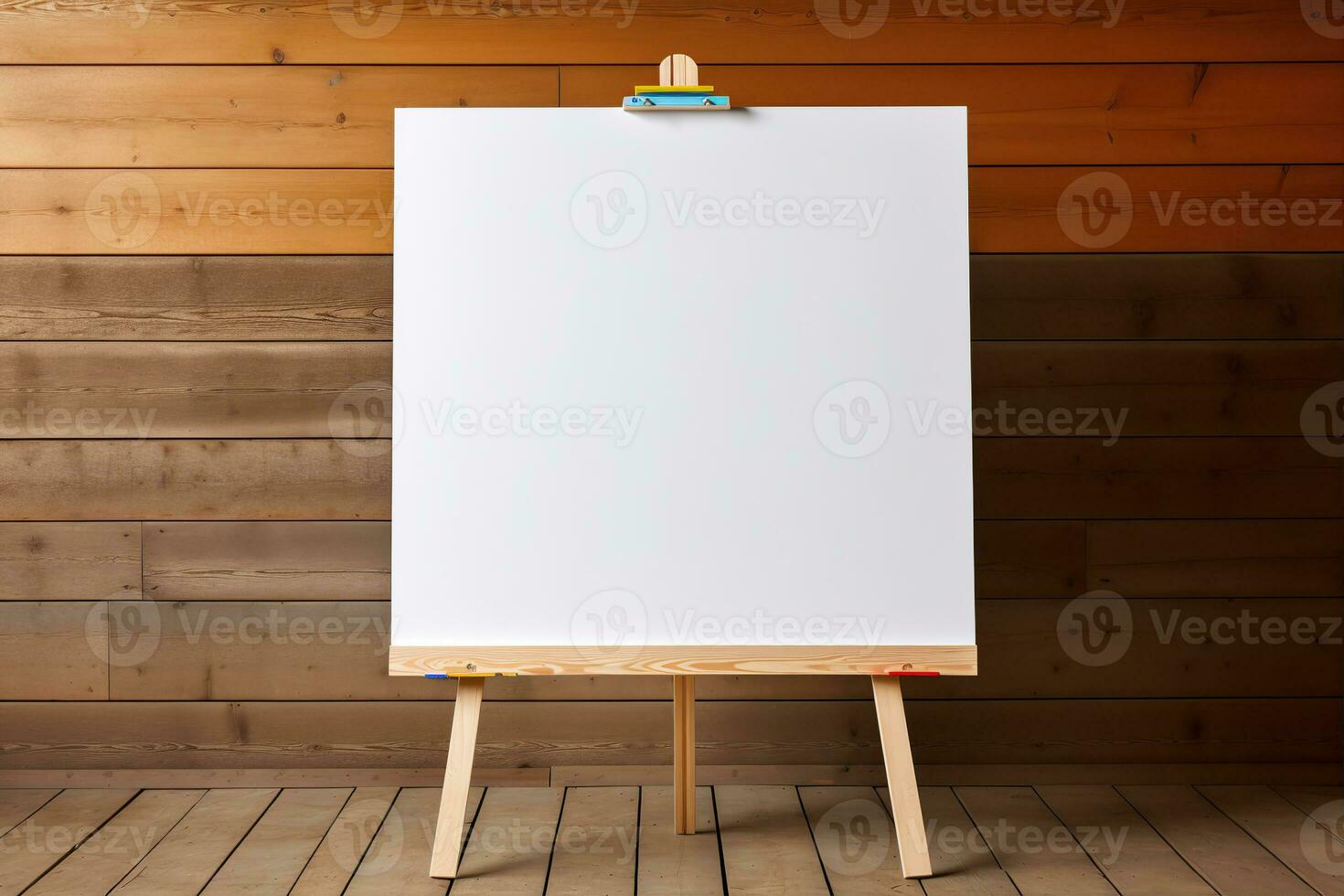 whiteboard voor markeringen Aan houten vloer. gemaakt met generatief ai foto