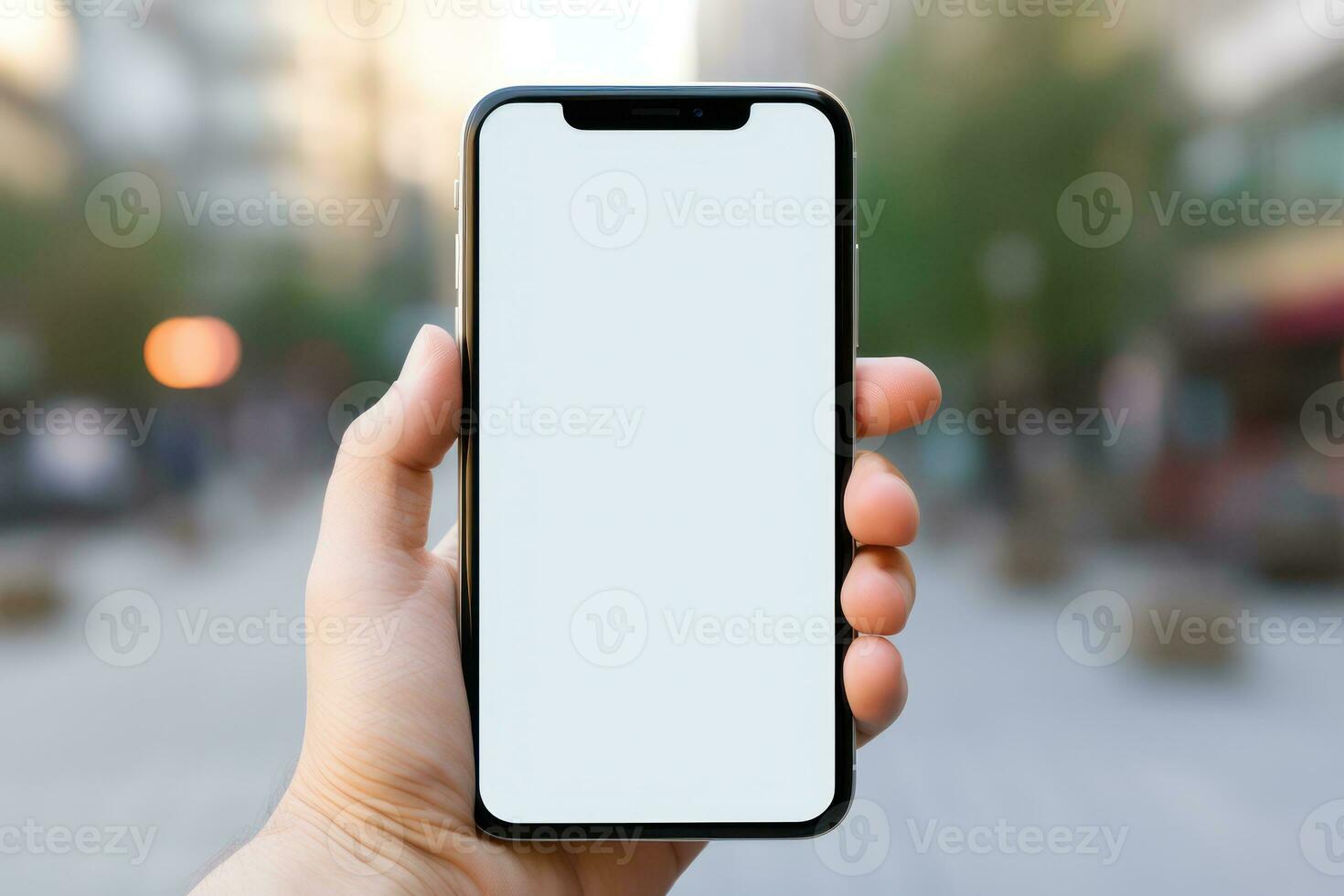 hand- Holding telefoon met geïsoleerd scherm Aan de achtergrond van een stad straat. generatief ai. foto