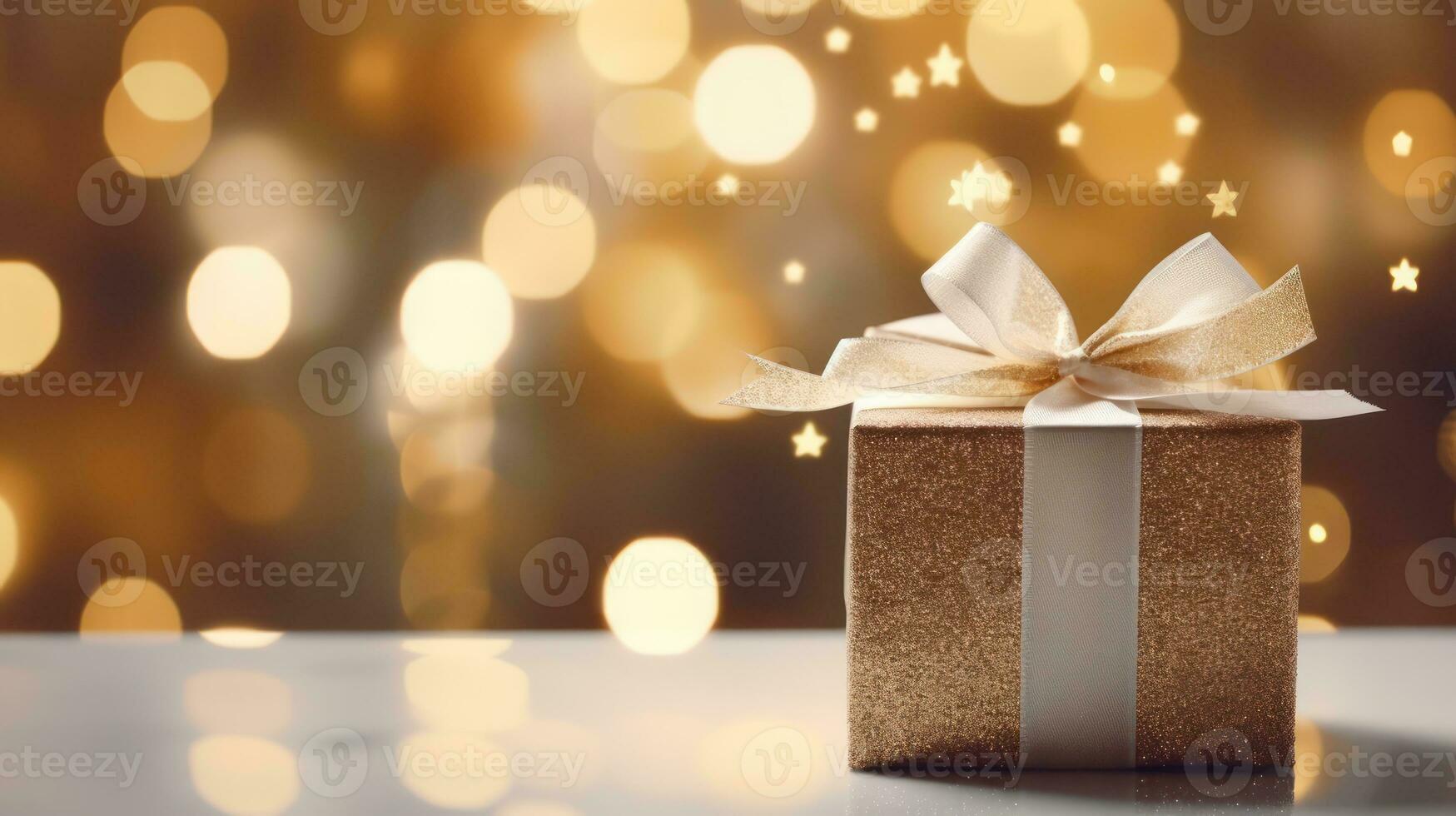 goud giftbox Aan bokeh achtergrond. generatief ai. foto