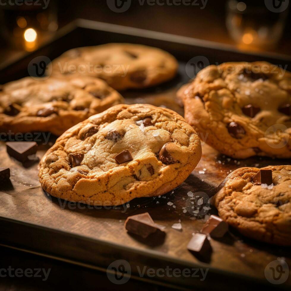 zoet smakelijk koekjes met chocola chips Aan de tafel. generatief ai. foto