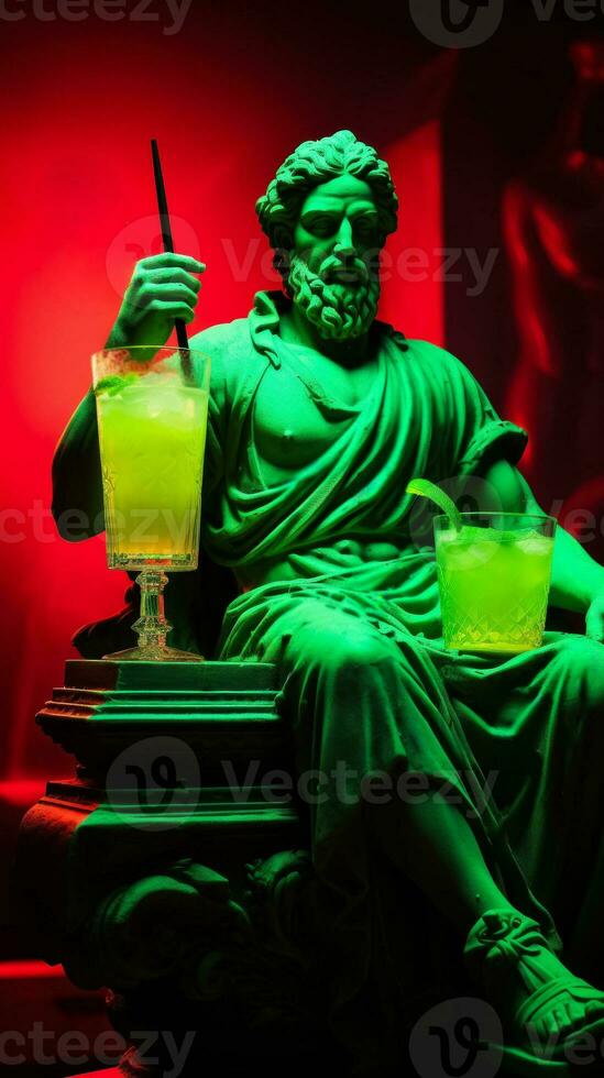antiek standbeeld in neon licht met caipirinha cocktail modern concept achtergrond met een kopiëren ruimte foto