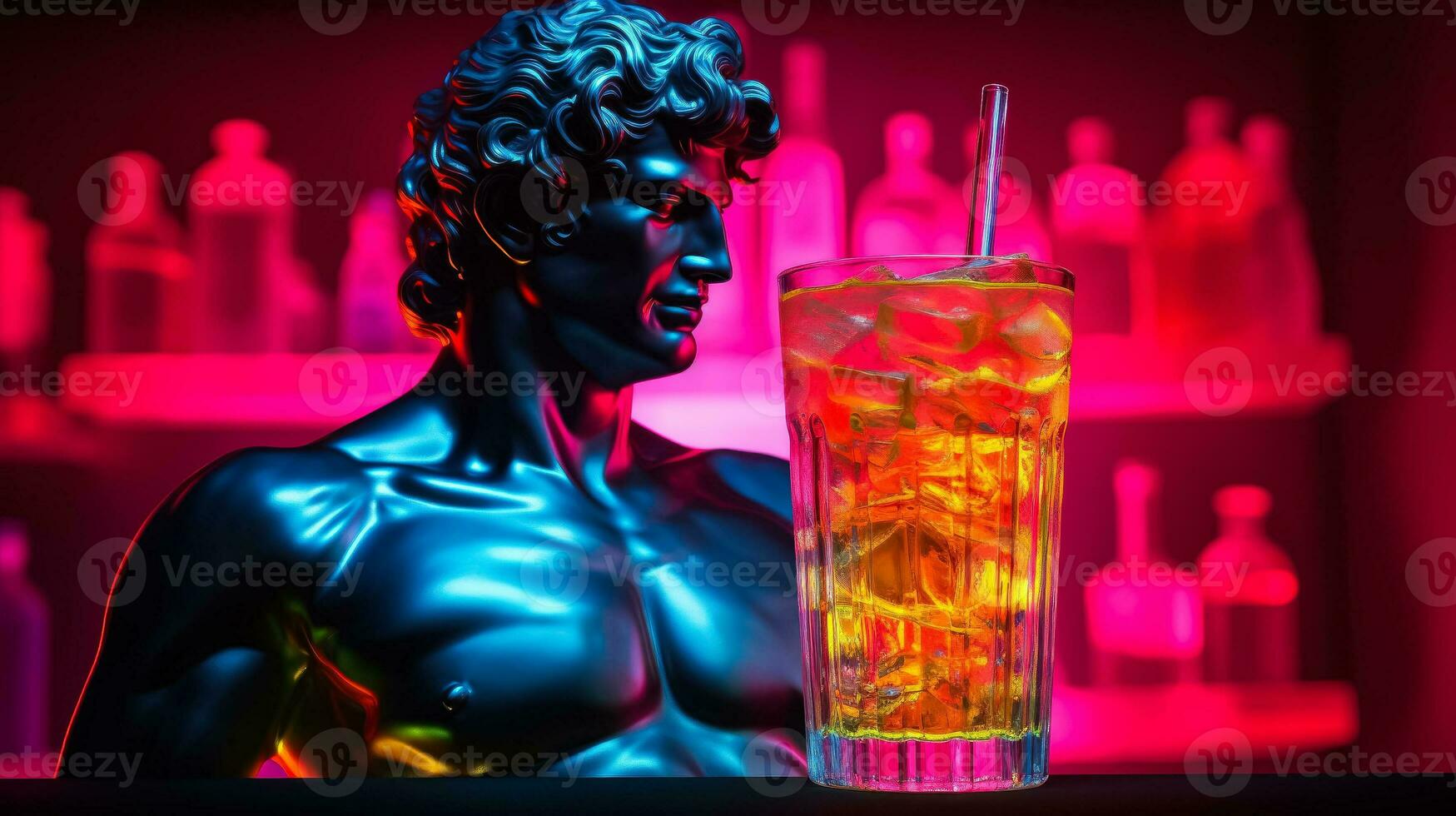 antiek standbeeld in neon licht met Tom collins cocktail modern concept achtergrond met een kopiëren ruimte foto
