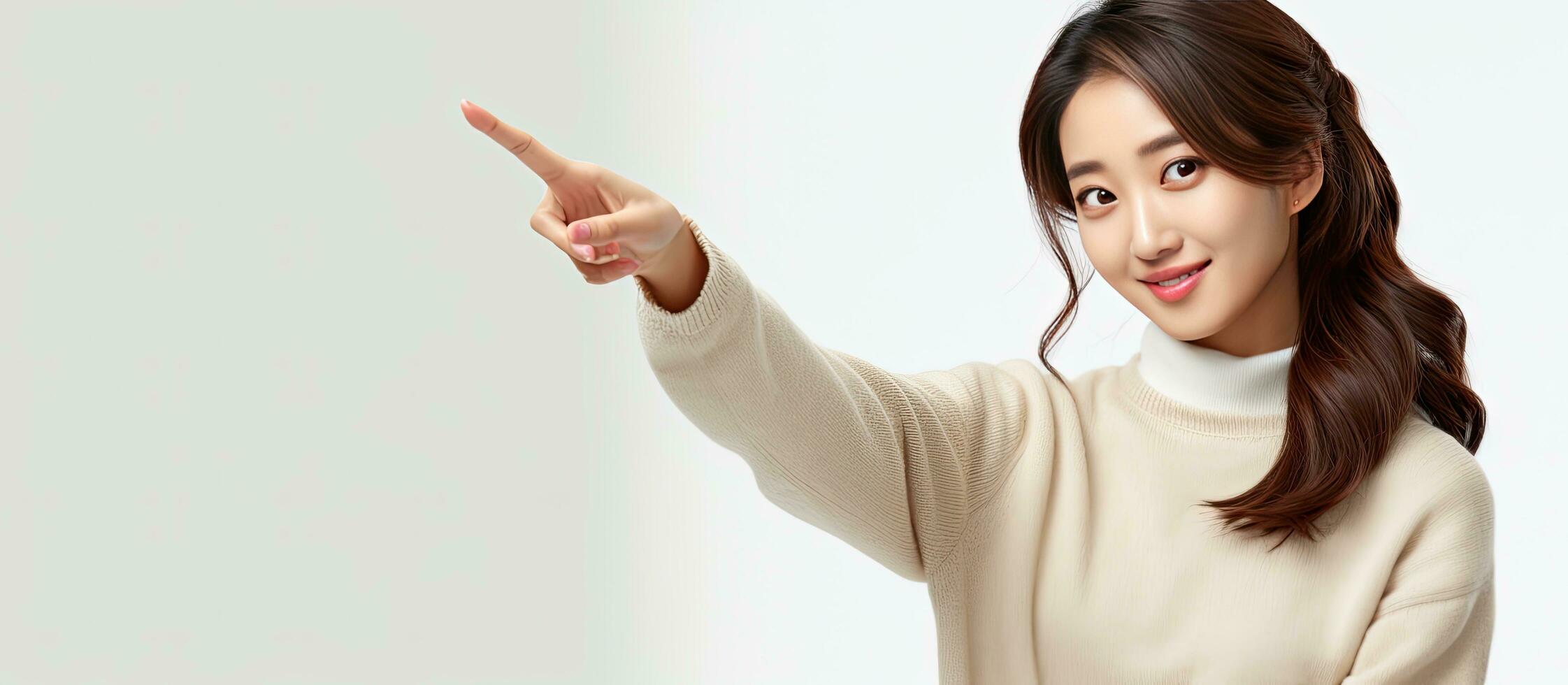 Aziatisch vrouw richten omhoog glimlachen gelukkig met wit achtergrond en kopiëren ruimte geschikt voor reclame foto