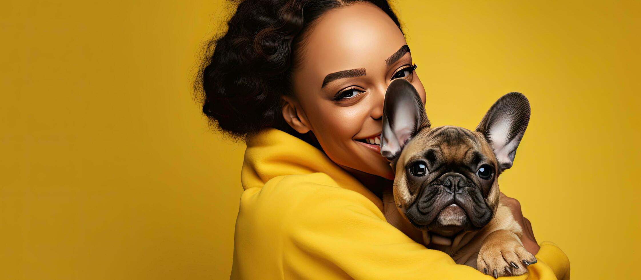 Afrikaanse Amerikaans vrouw knuffelen haar Frans bulldog huisdier Aan geel studio achtergrond foto