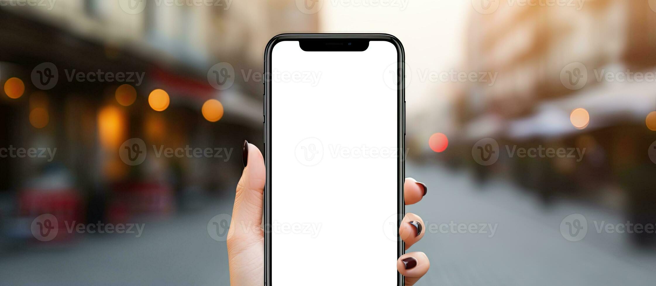 vrouw s handen Holding smartphone in stedelijk instelling lezing tekst bericht Aan de scherm foto