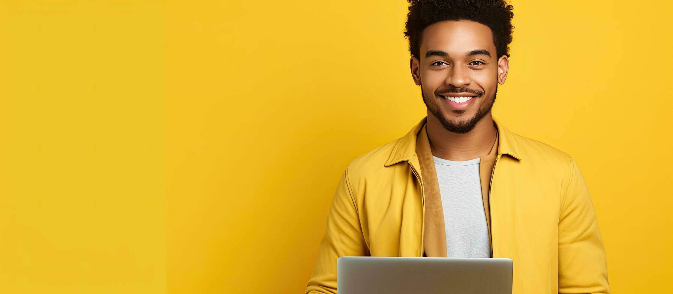 gelukkig geslaagd Afrikaanse Amerikaans Mens freelancer op zoek Bij camera met laptop Aan geel achtergrond foto