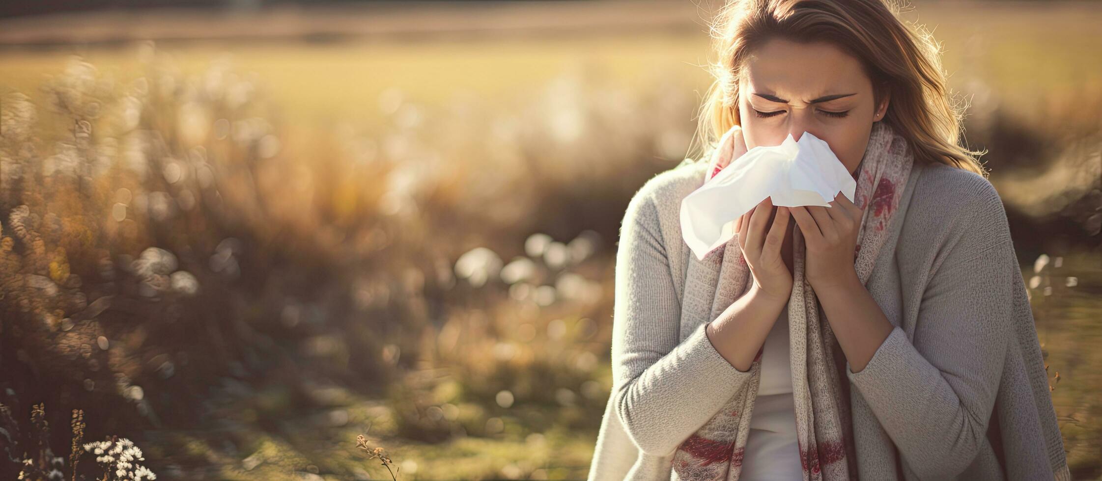 een meisje met allergieën slagen haar neus- in een zakdoek foto
