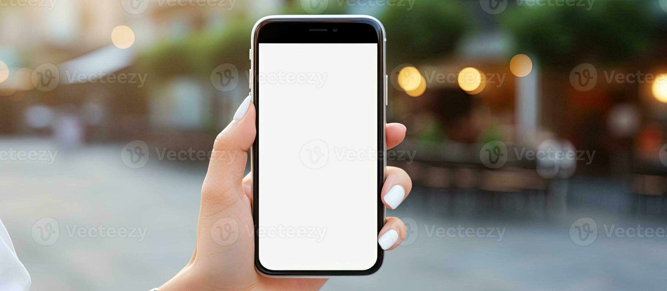 vrouw s handen Holding smartphone in stedelijk instelling lezing tekst bericht Aan de scherm foto