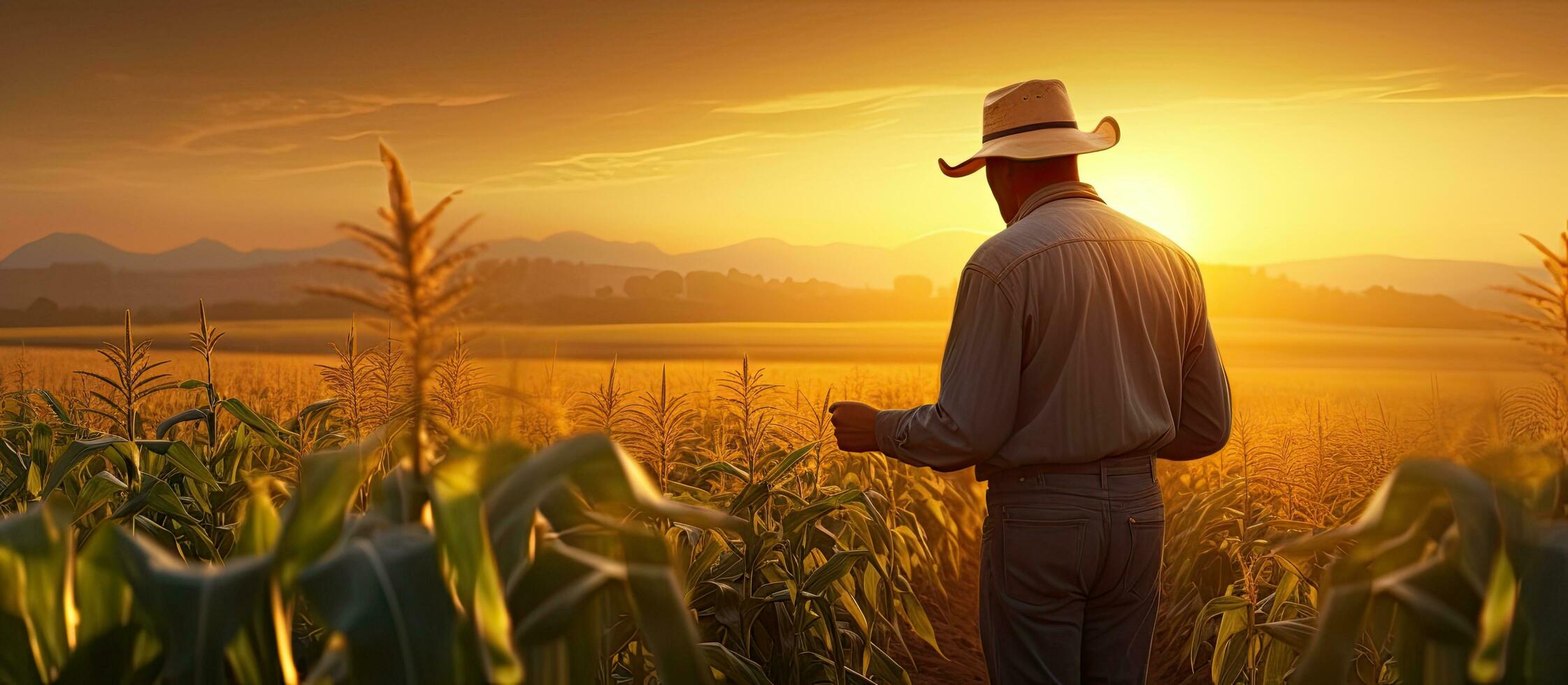 boer inspecteren maïs veld- Bij zonsondergang met leeg Oppervlakte foto