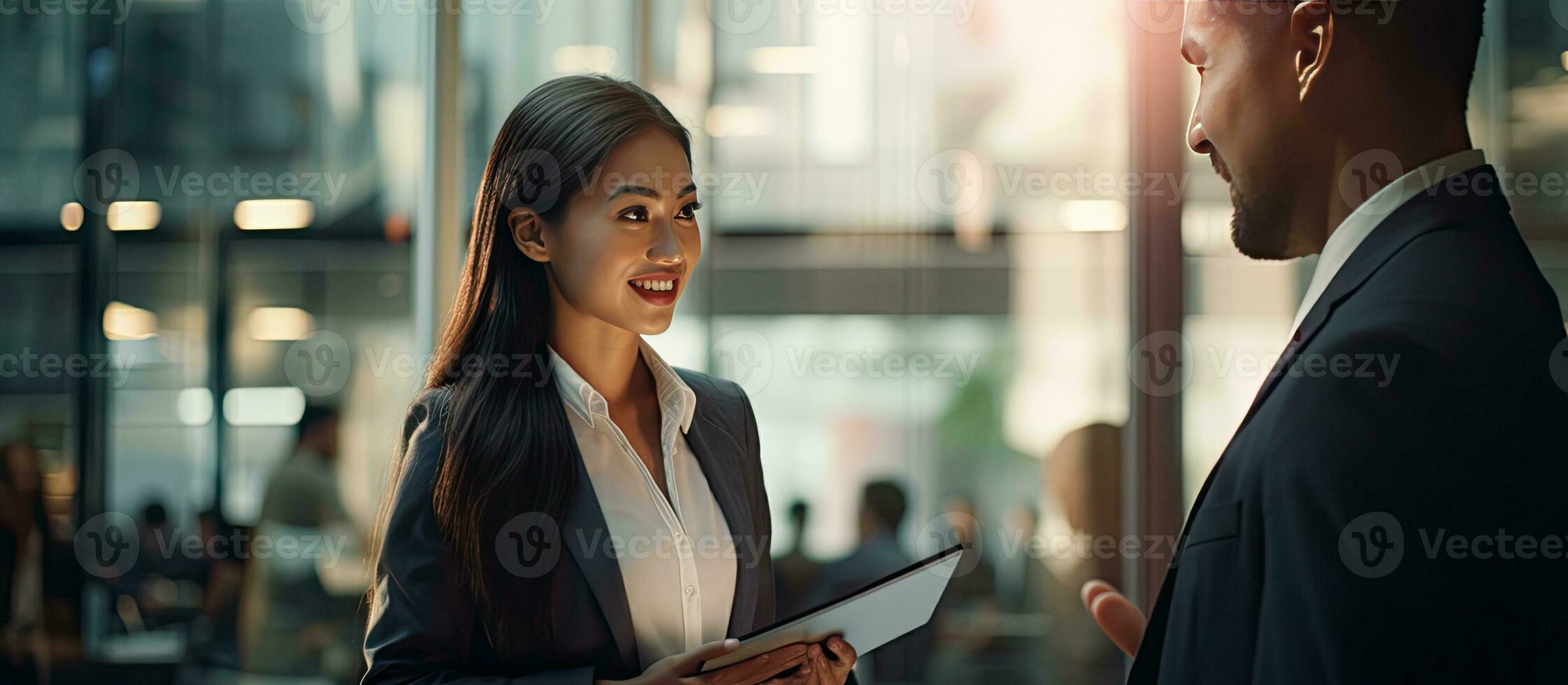 twee collega's een van hen jong en Aziatisch hebben een gesprek in een kantoor gebouw twee bedrijf professionals wandelen en bespreken werk vragen foto