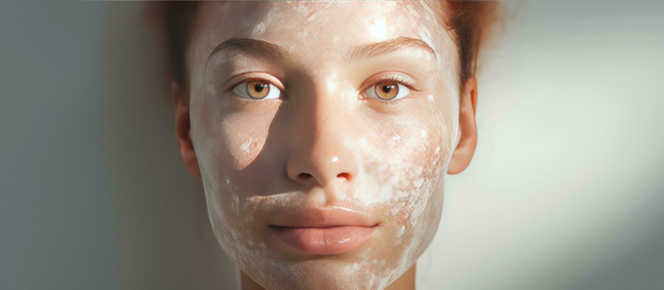 jong vrouw toepassen vochtinbrengende crème voor huid pigmentatie bewustzijn en behandeling concept met digitaal tekst bedekking foto