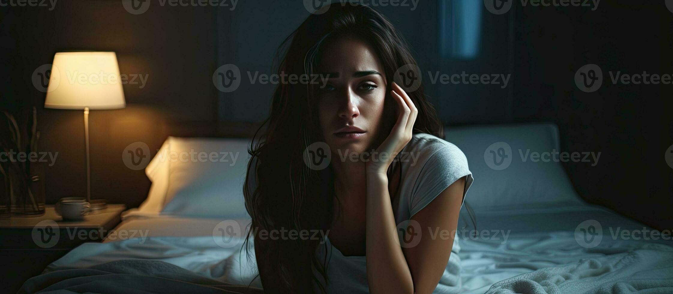 ongelukkig vrouw ervaringen slapeloosheid migraine en mentaal Gezondheid problemen Bij huis foto