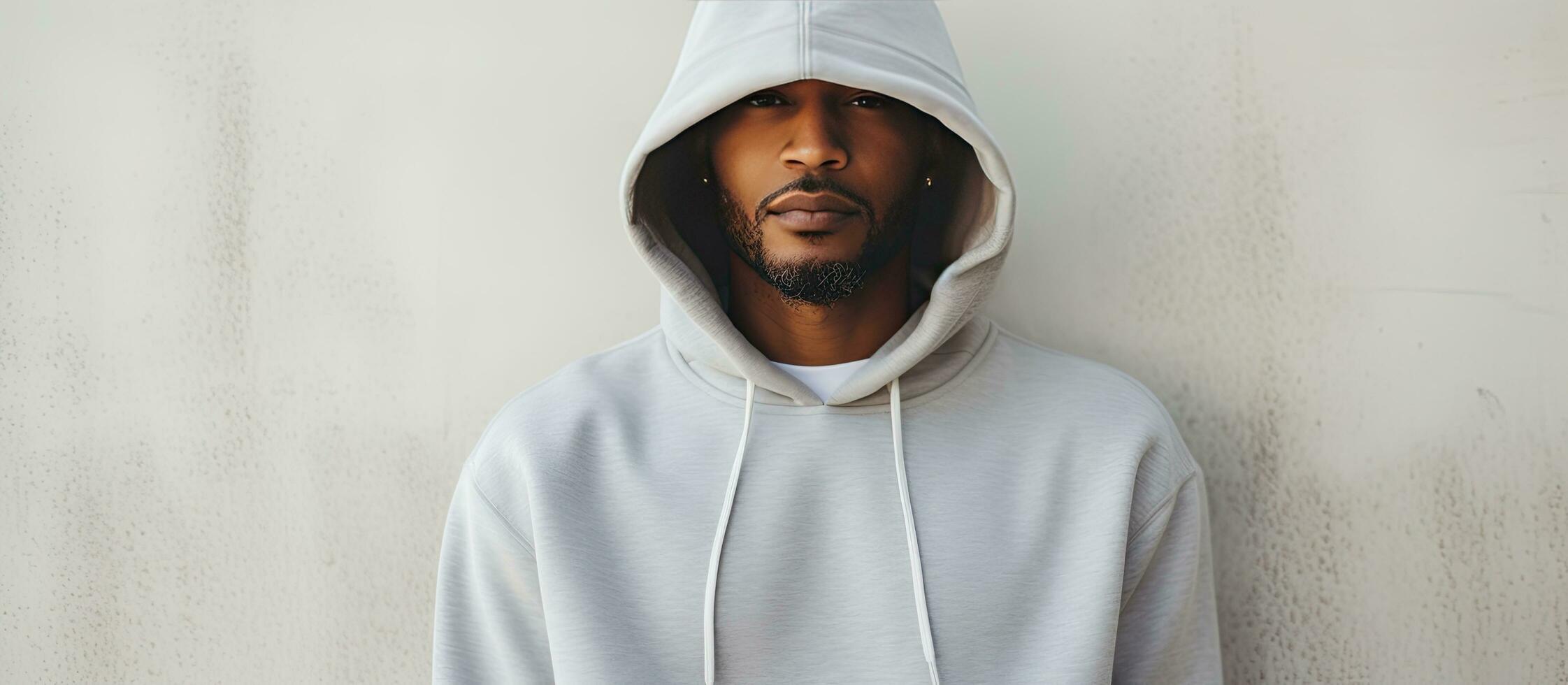 buik van Afrikaanse Amerikaans Mens vervelend grijs met een kap sweater tegen wit hek kopiëren ruimte mode gewoontjes kleding en vrijetijdskleding ongewijzigd foto