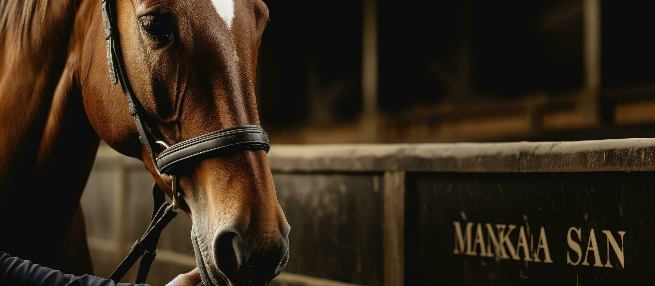 paard racing concept inclusief dichtbij omhoog van hand- Holding paard in stal met kopiëren ruimte foto