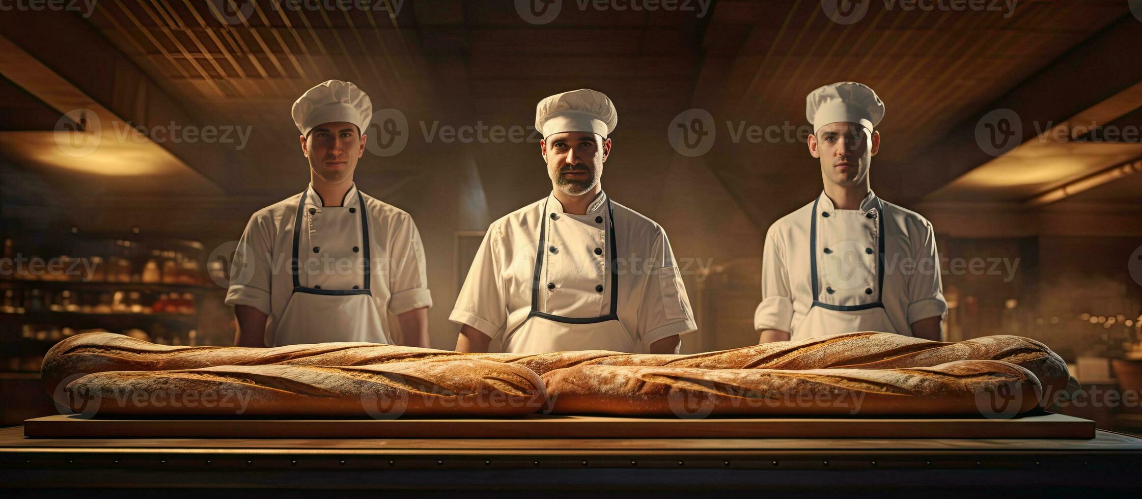 groep van bakkers door een dienblad van stokbrood klaar naar worden gebakken in de bakkerij foto