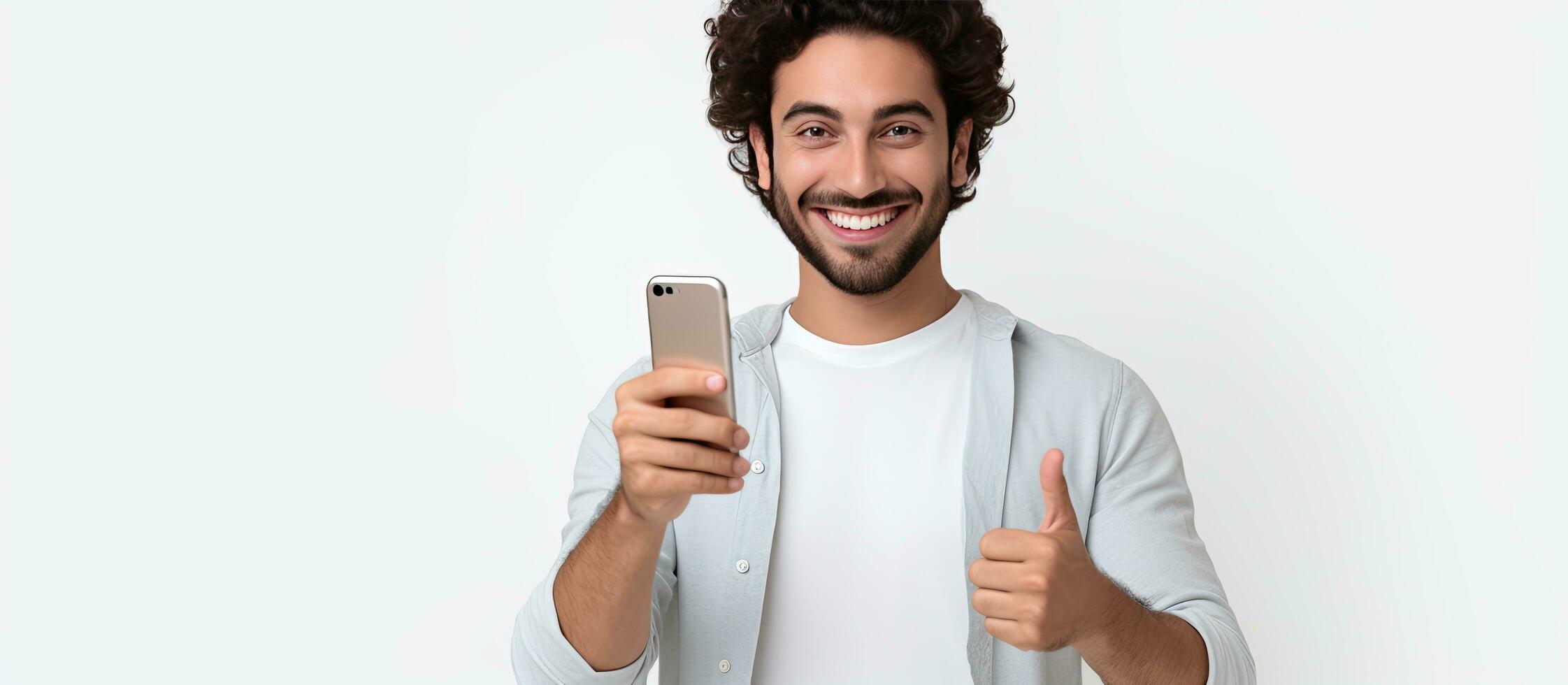 25 jaar oud midden- oostelijk Mens glimlachen en maken de OK teken terwijl Holding een smartphone in voorkant van een wit achtergrond foto