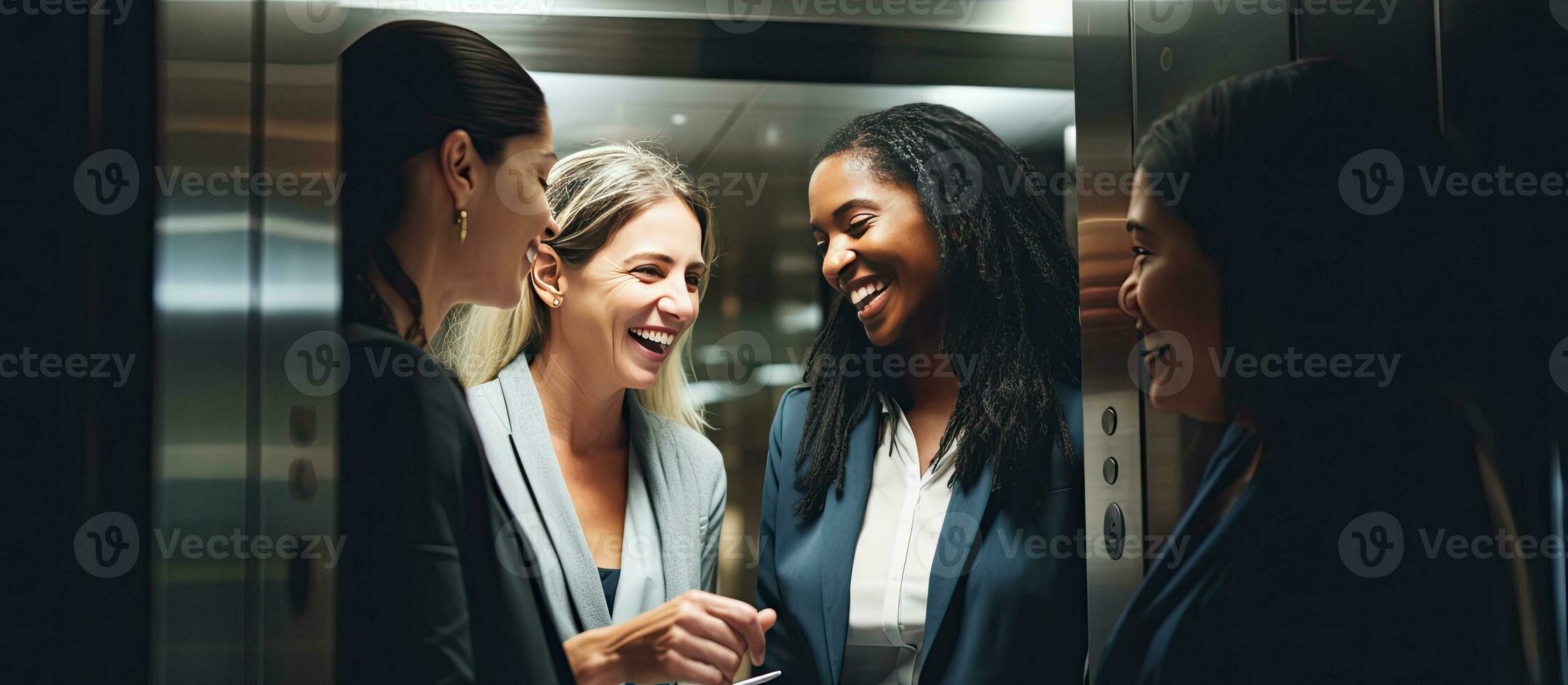 multiraciaal onderneemsters bespreken in lift vieren gemak foto