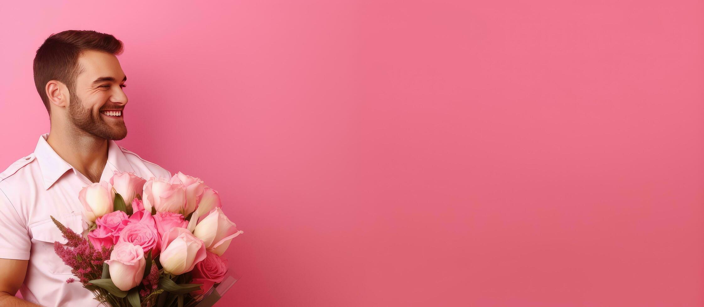 koerier Holding bloemen roze achtergrond kopiëren ruimte bespotten omhoog foto