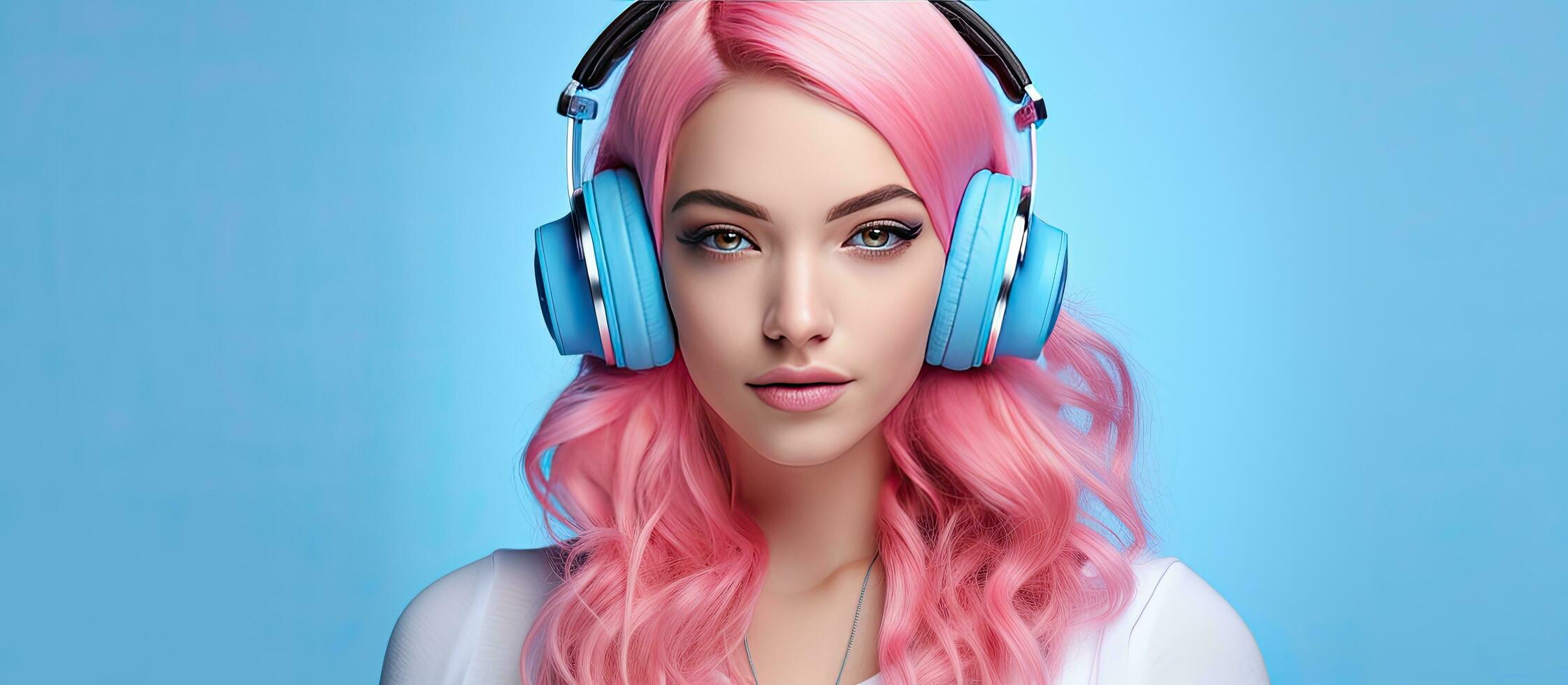 persoonlijk stijl concept met een schattig meisje in roze stijl poseren met een roze telefoon en luisteren naar muziek- tegen een blauw achtergrond foto