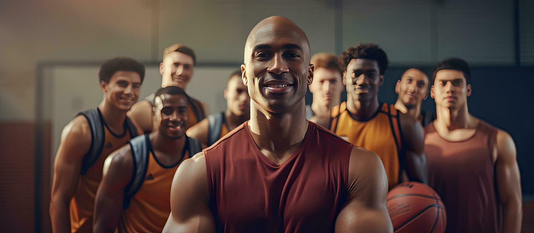 mannetje basketbal trainer met verschillend spelers Bij Sportschool kopiëren ruimte sport eenheid en levensstijl blijven onaangetast foto