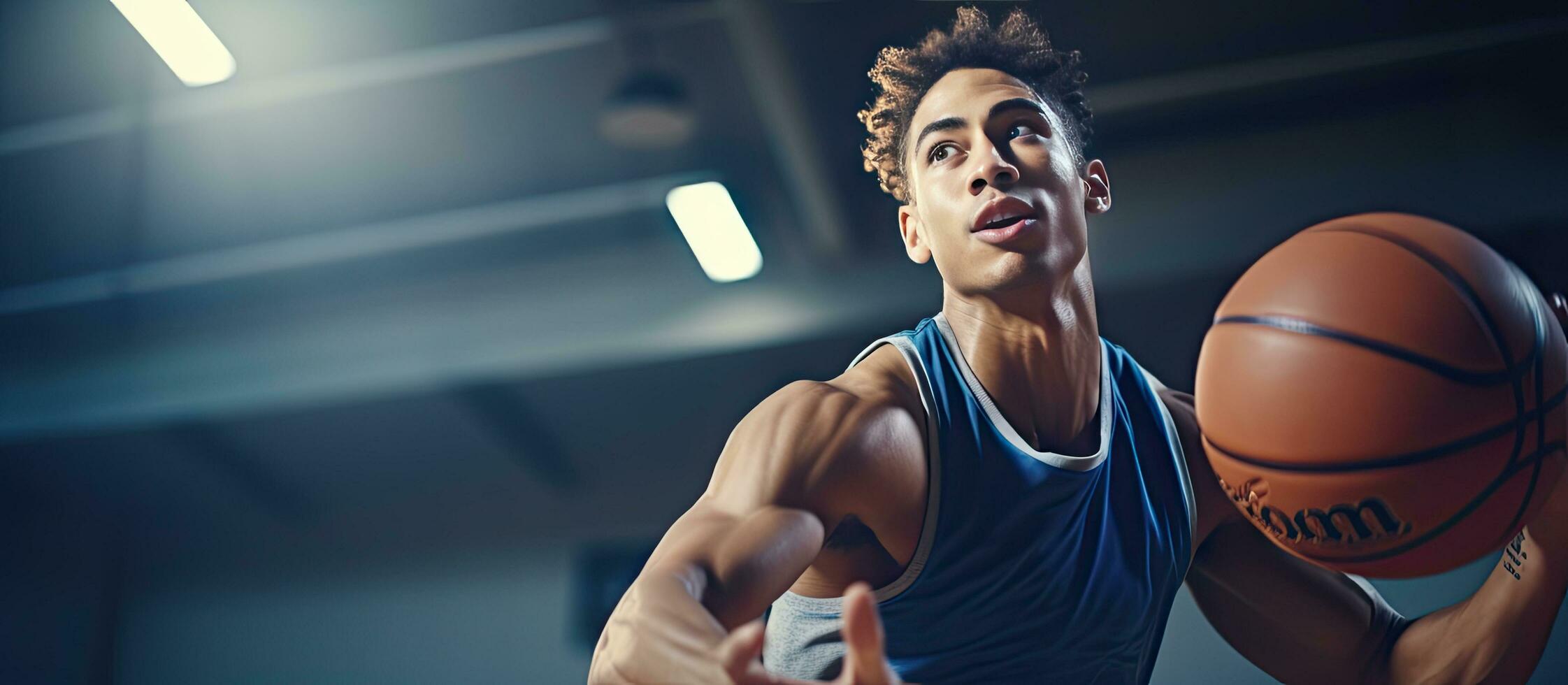 biraciaal mannetje basketbal speler in blauw sport- kleding het schieten hoepels Bij de Sportschool sport werkzaamheid en levensstijl onveranderd kopiëren ruimte beschikbaar foto