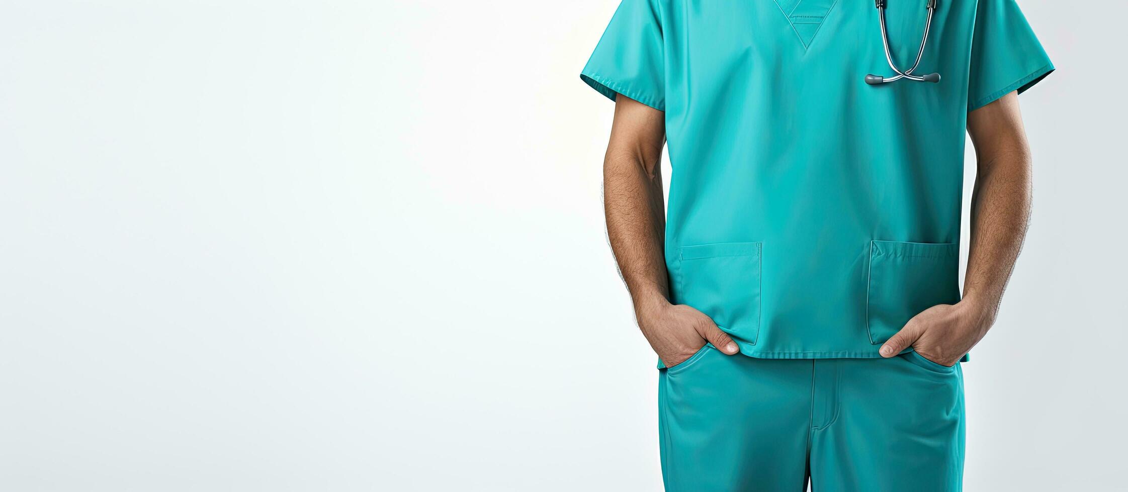 turkoois gekleed mannetje dokter met stethoscoop in de omgeving van nek staat Aan wit achtergrond professioneel mensen concept foto