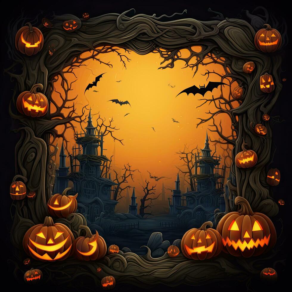 halloween achtergrond met spookachtig grens van jack O lantaarns foto