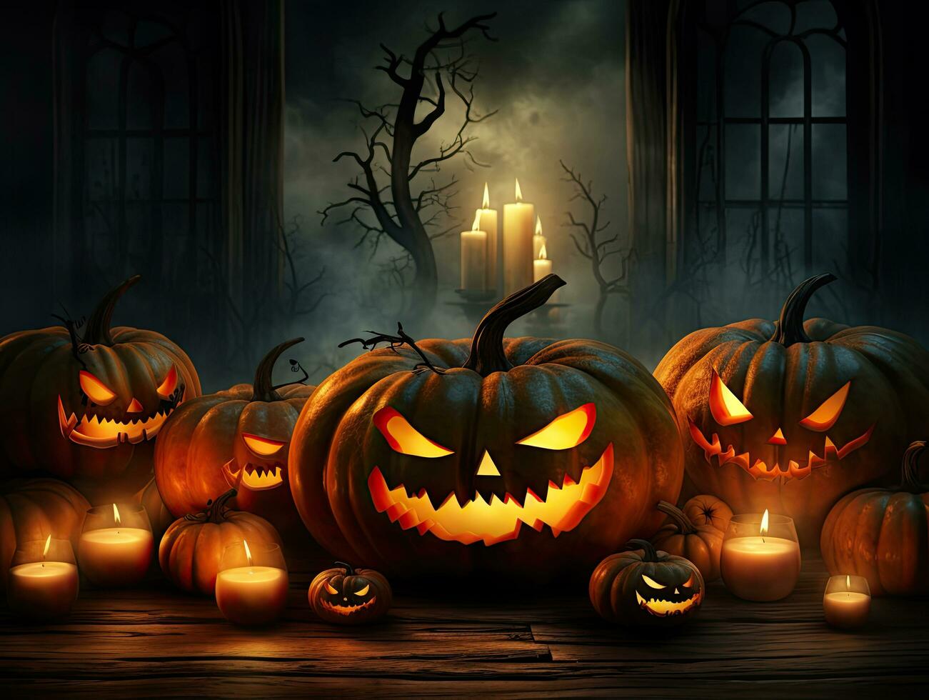 halloween achtergrond met spookachtig jack O lantaarns en kaarsen foto