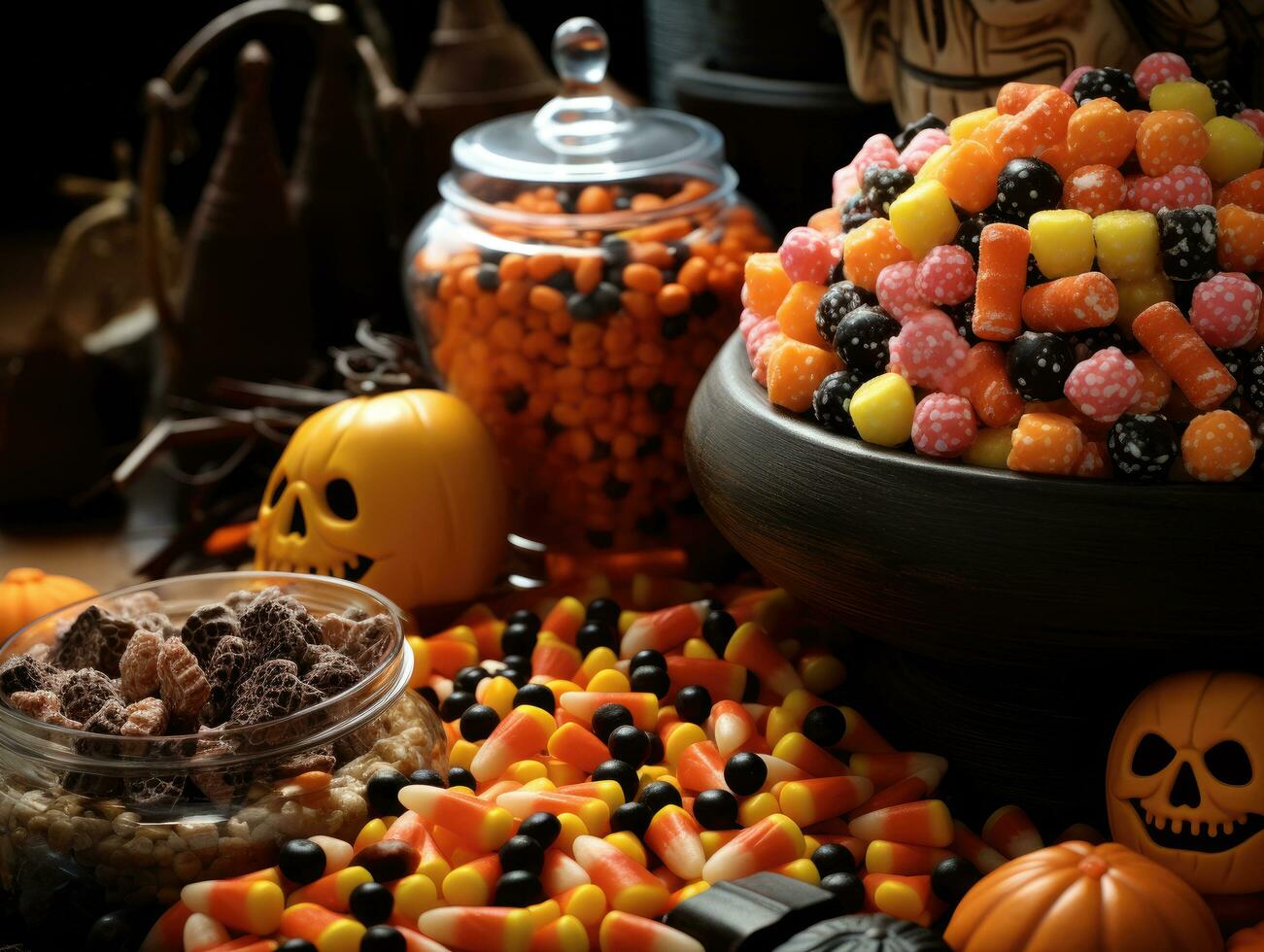 beeld van dichtbij omhoog van veel van halloween snacks en snoep foto