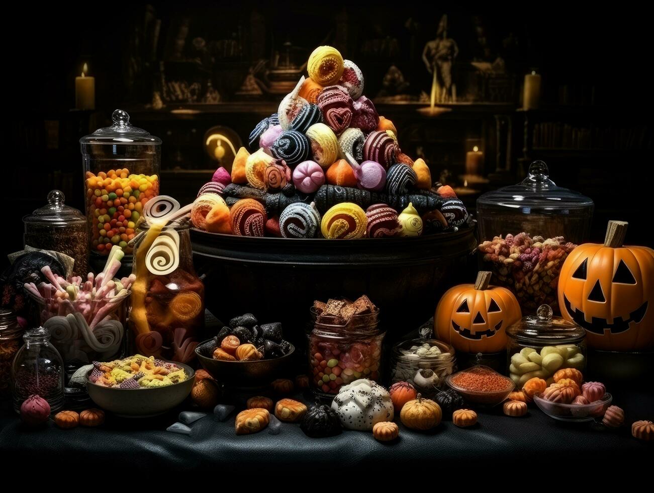 halloween achtergrond met veel van snoepgoed en snoep foto
