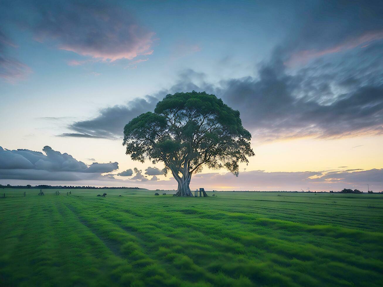 vrij foto breed hoek schot van een single boom groeit onder een bewolkt lucht gedurende een zonsondergang omringd door gras