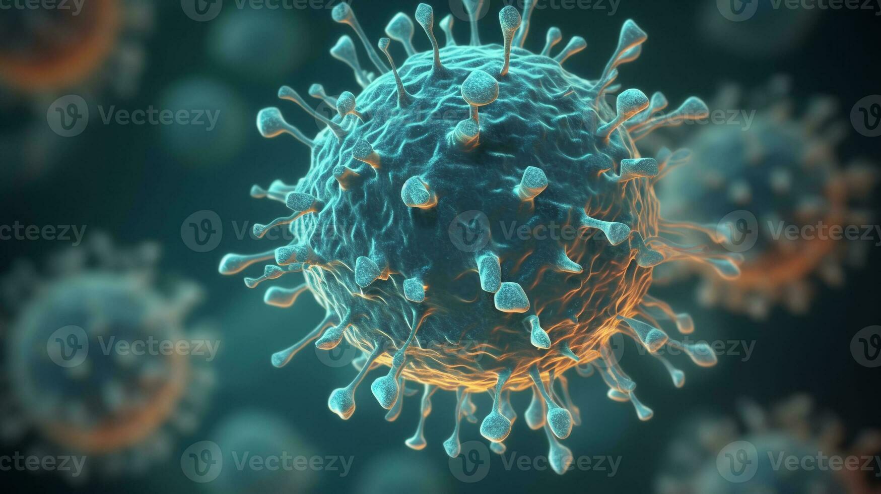 corona virussen en ommicron Aan blauw wazig achtergrond. ai generatief foto