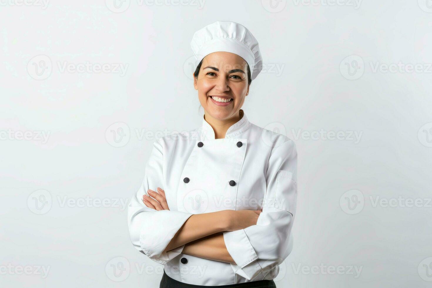 gelukkig vrouw chef glimlach. genereren ai foto