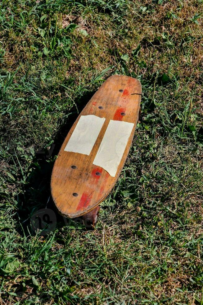 een skateboard houdende Aan de gras foto