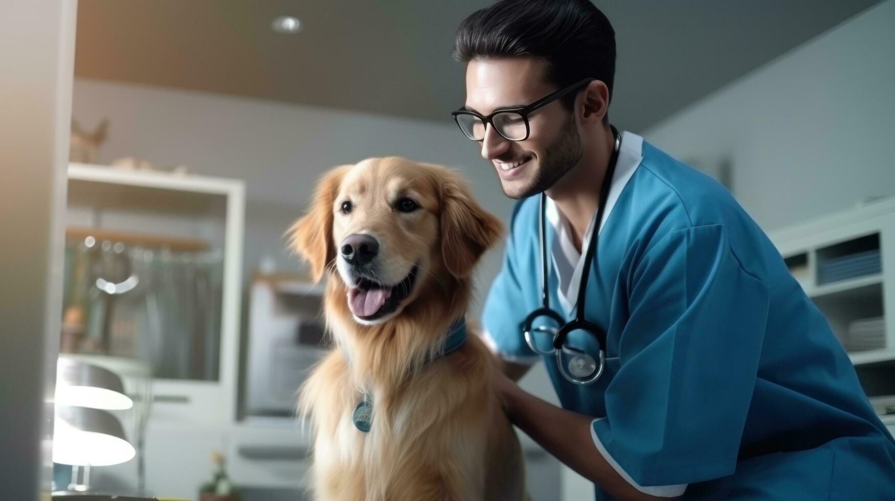 een dierenarts in een kliniek op zoek Bij een hond foto