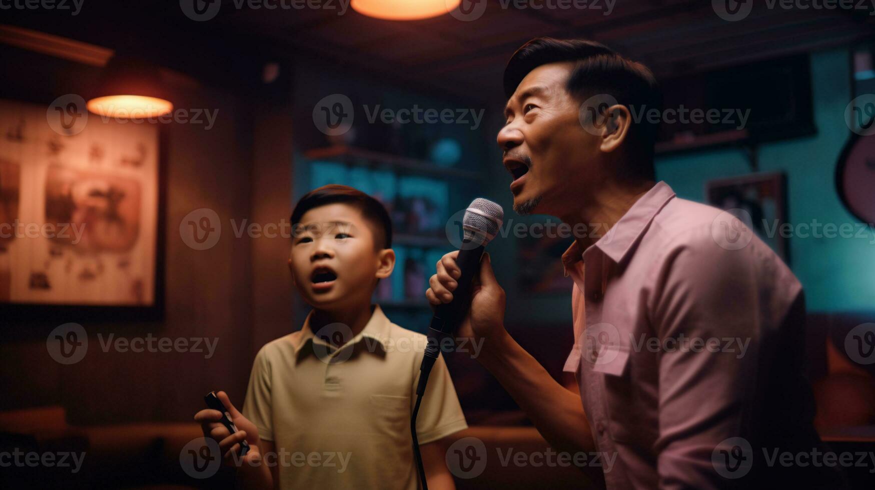 vader en zoon het zingen in een karaoke kamer. generatief ai foto