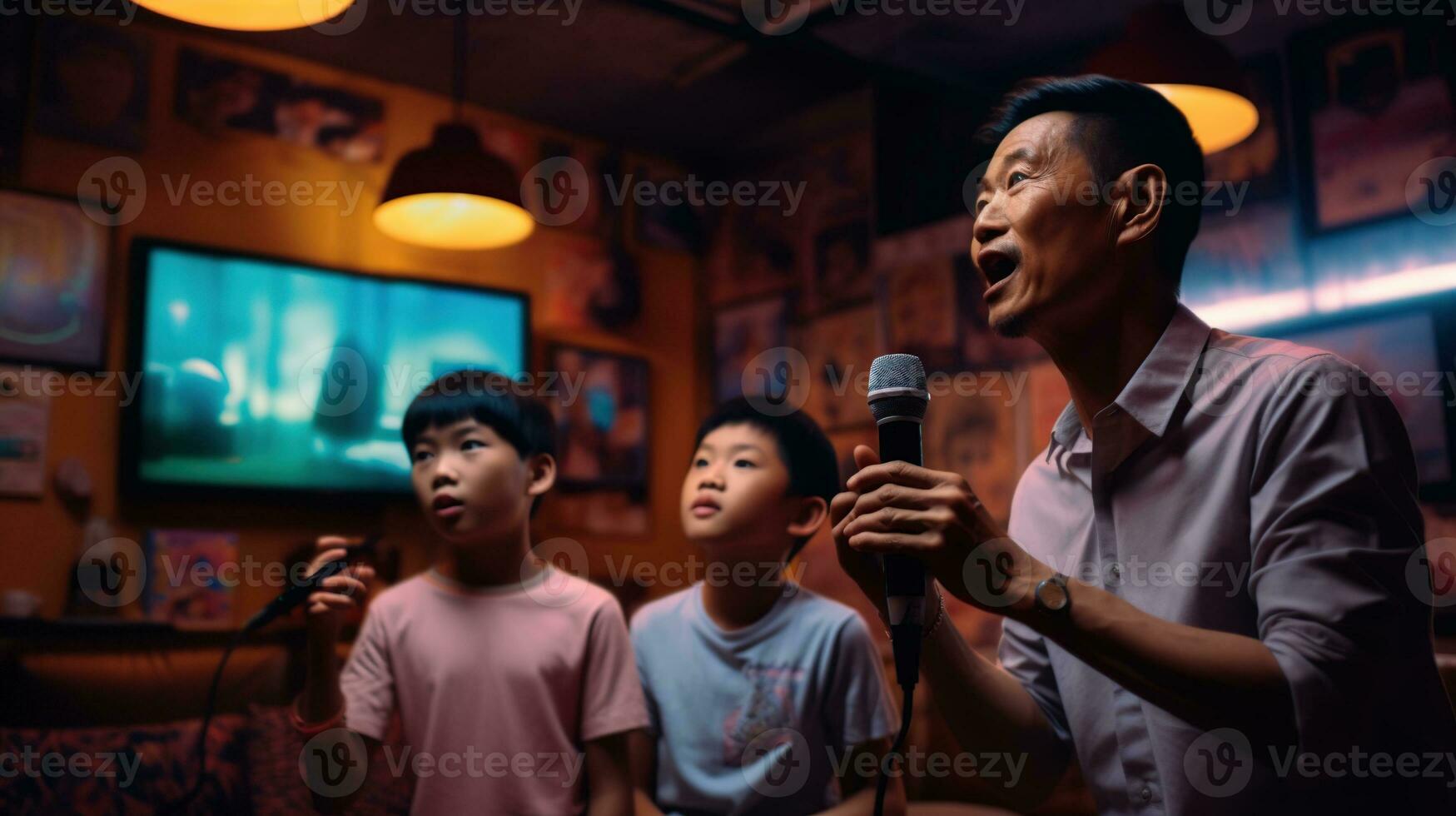 vader en zoon het zingen in een karaoke kamer. generatief ai foto