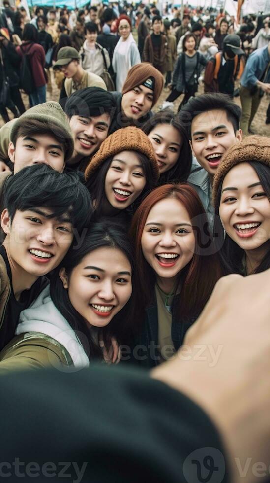 Aziatisch groep van jong mensen nemen selfie. generatief ai foto