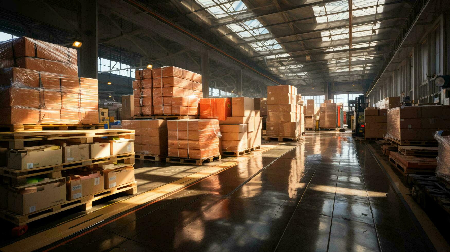 groot geautomatiseerd magazijn logistiek centrum voor de levering en opslagruimte van goederen. ai gegenereerd foto