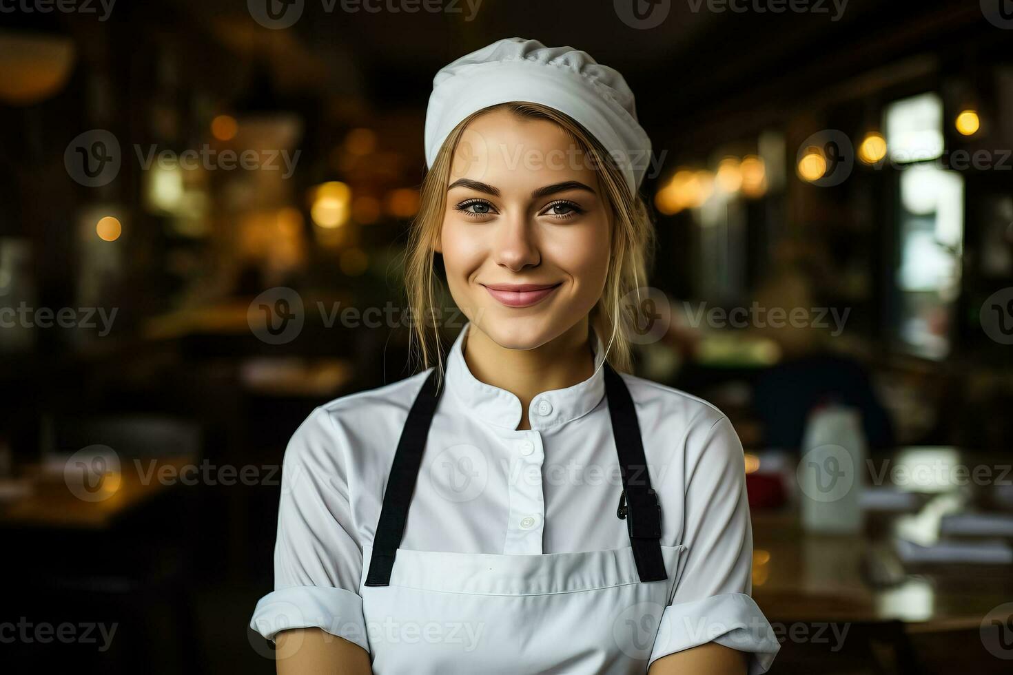 jong vrouw chef in een restaurant foto