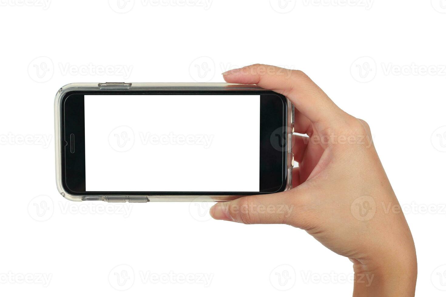 vrouw hand- Holding horizontaal slim telefoon, gebruik knipsel pad foto