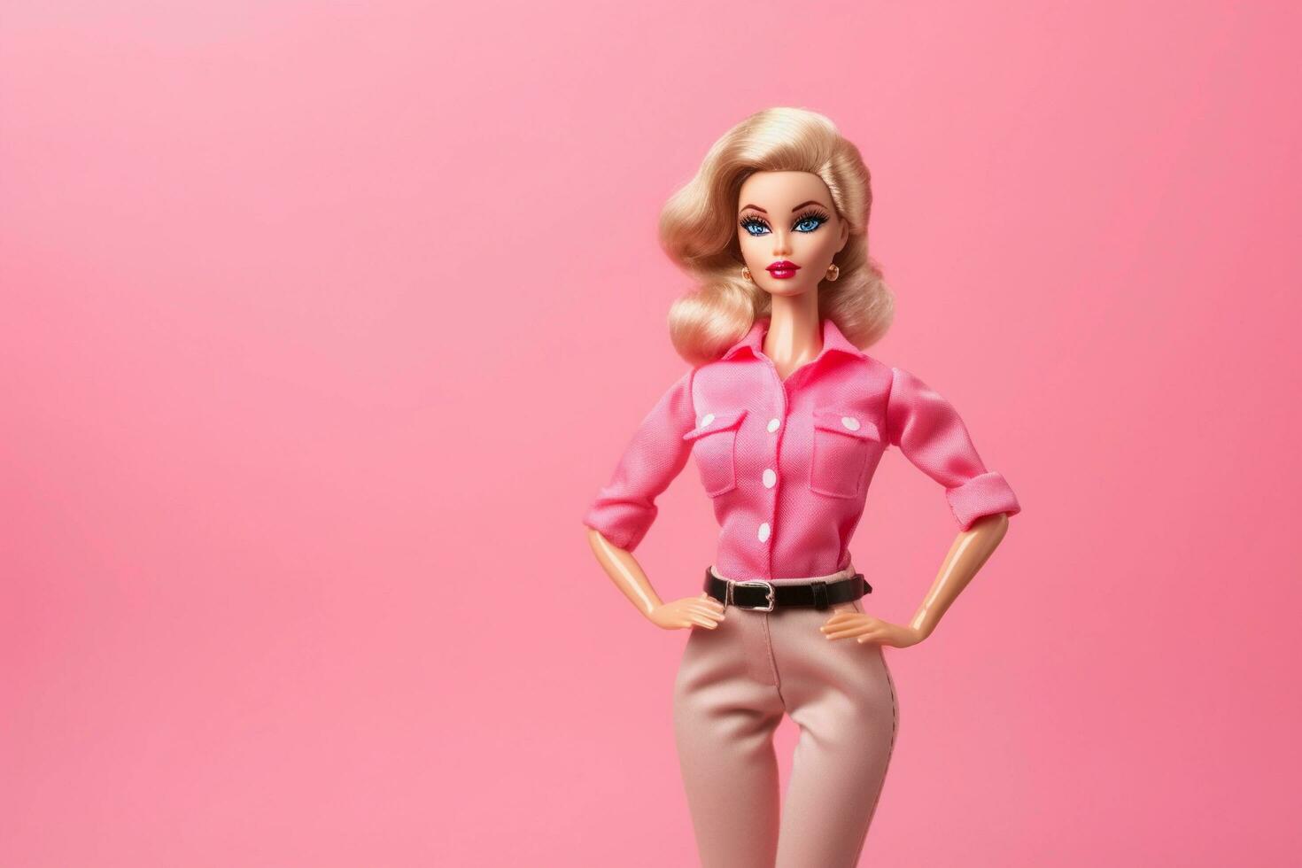 een Barbie pop is staand in voorkant van een roze achtergrond foto