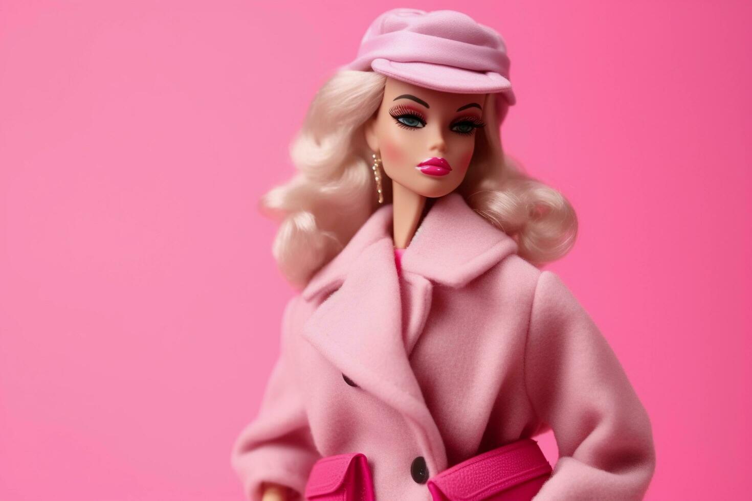 een Barbie pop met een roze jas en hoed foto