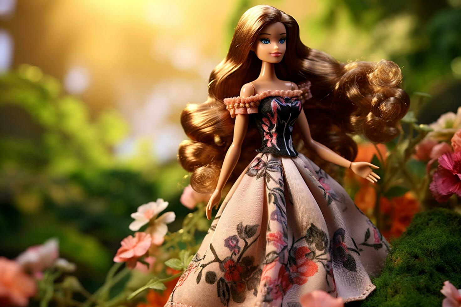 Barbie pop in een bloemen jurk staand in de gras foto